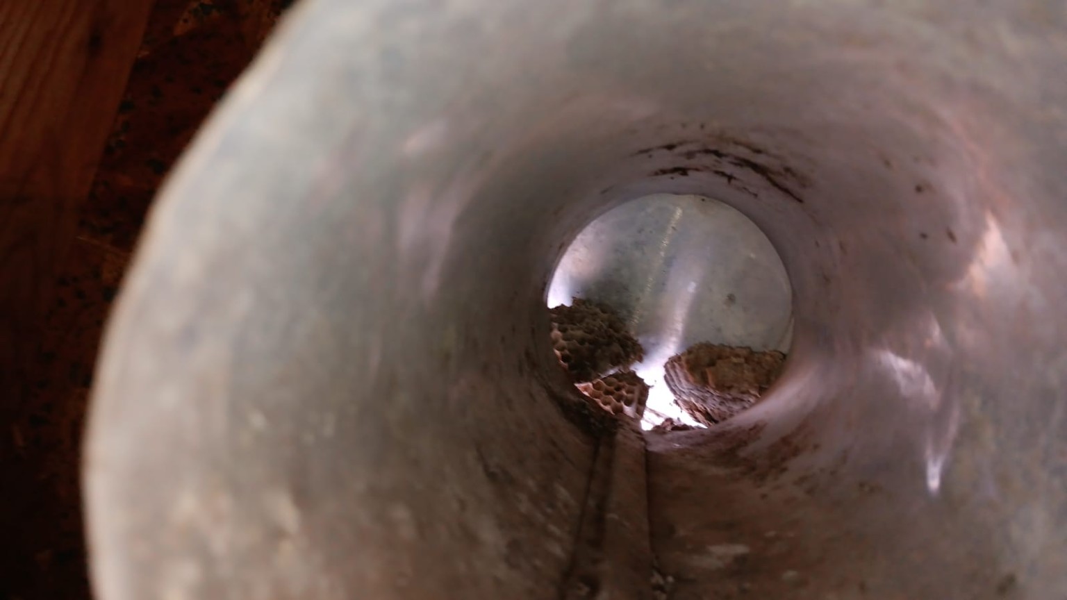 View through a dryer vent duct toward the outside opening